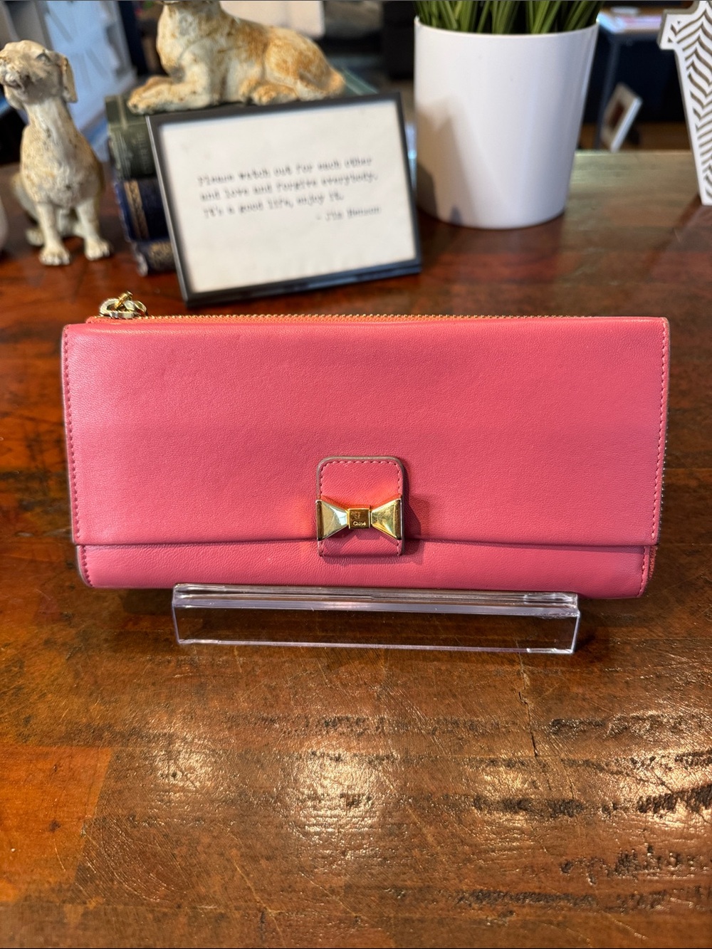 Chloe Pink Leather Zip Wallet with Gold Bow Accent